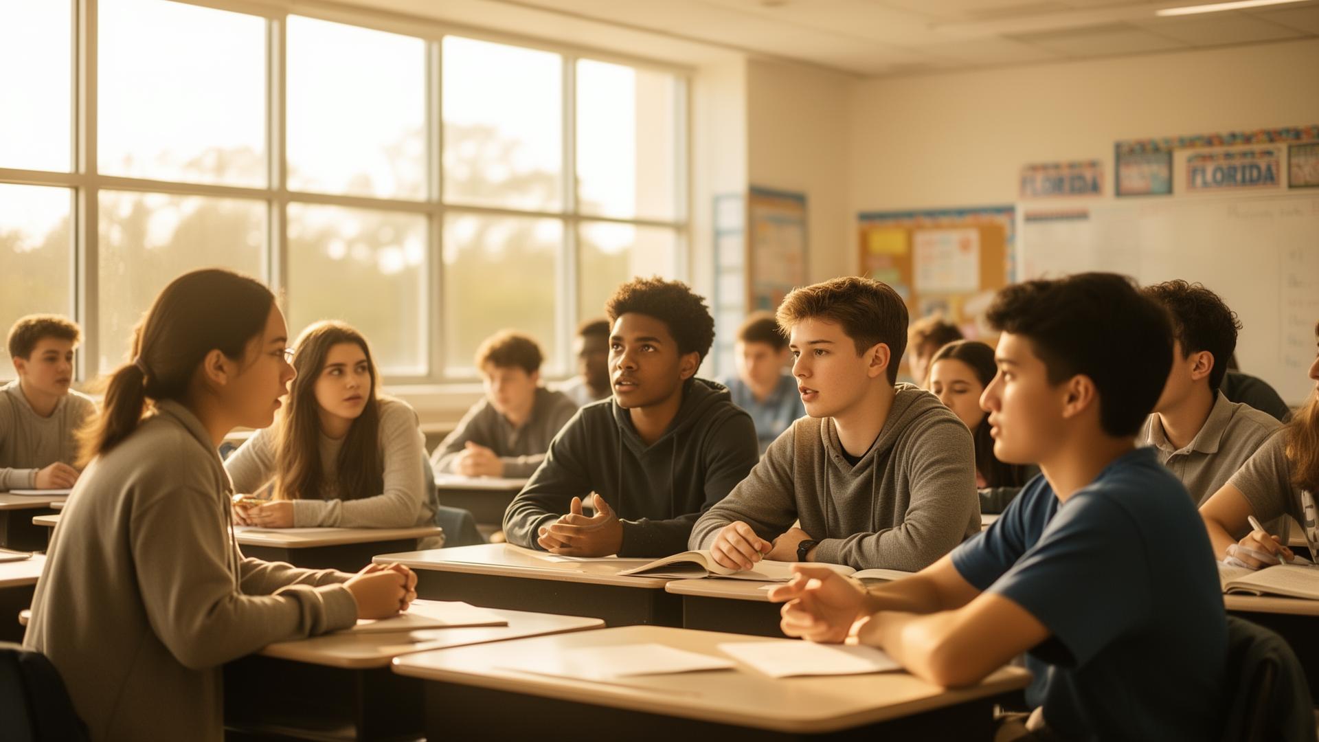 Students engaged in a focused, phone-free classroom