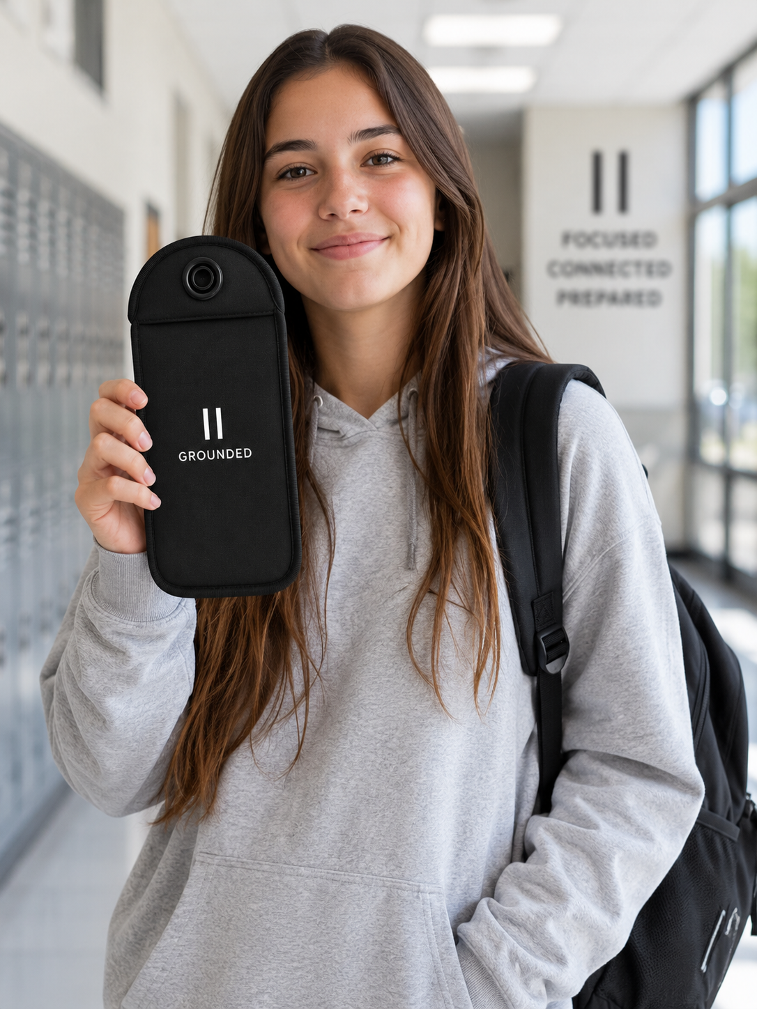 Student holding a Grounded phone pouch